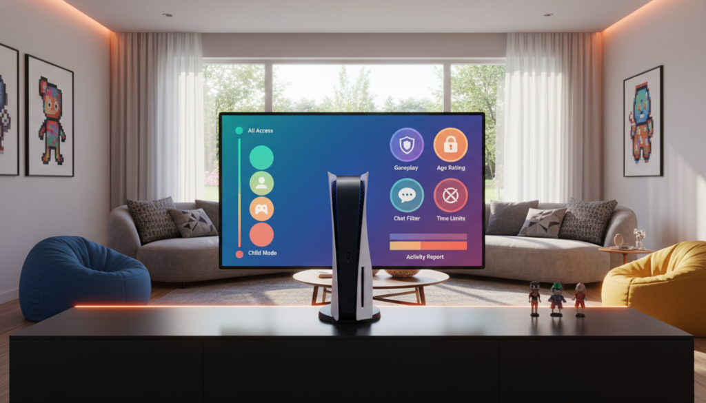 A modern gaming setup featuring a PlayStation 5 console on a sleek black media stand. In the foreground, a digital screen displays a colorful, user-friendly parental control interface, showcasing various levels of game restrictions and content filtering options. The middle ground highlights a stylish living room with comfortable seating, soft ambient lighting, and decorative gaming memorabilia. In the background, a large window reveals a sunny day outside, casting gentle sunlight into the room, creating a warm and inviting atmosphere. The scene should evoke a sense of family-friendly gaming, with a balance between technology and home comfort. Focus on clarity and detail in the interface elements without any text, ensuring the image is vivid and engaging for the audience. A modern gaming setup featuring a PlayStation 5 console on a sleek black media stand. In the foreground, a digital screen displays a colorful, user-friendly parental control interface, showcasing various levels of game restrictions and content filtering options. The middle ground highlights a stylish living room with comfortable seating, soft ambient lighting, and decorative gaming memorabilia. In the background, a large window reveals a sunny day outside, casting gentle sunlight into the room, creating a warm and inviting atmosphere. The scene should evoke a sense of family-friendly gaming, with a balance between technology and home comfort. Focus on clarity and detail in the interface elements without any text, ensuring the image is vivid and engaging for the audience.