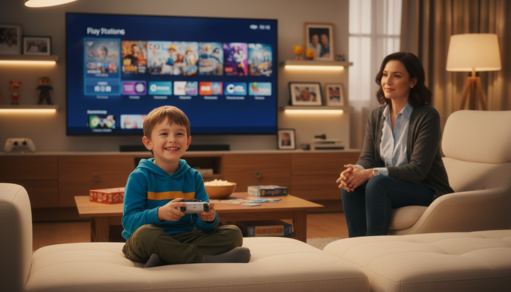 A modern living room scene featuring a family engaged in gaming together. In the foreground, a young child sits excitedly on a comfortable couch holding a PlayStation controller, wearing casual but colorful clothing. The middle ground shows a parent nearby, attentively supervising, dressed in smart-casual attire, emphasizing a sense of responsibility. The background features a large television displaying the PlayStation dashboard, showcasing colorful game icons. Soft, warm lighting bathes the room, creating a welcoming atmosphere. Decor includes a few family photos and gaming memorabilia, adding a personal touch. The composition captures the essence of family bonding through gaming while stressing parental guidance. The focus is clear and sharp, with a slight depth of field that softly blurs the edges, directing attention to the family interaction. A modern living room scene featuring a family engaged in gaming together. In the foreground, a young child sits excitedly on a comfortable couch holding a PlayStation controller, wearing casual but colorful clothing. The middle ground shows a parent nearby, attentively supervising, dressed in smart-casual attire, emphasizing a sense of responsibility. The background features a large television displaying the PlayStation dashboard, showcasing colorful game icons. Soft, warm lighting bathes the room, creating a welcoming atmosphere. Decor includes a few family photos and gaming memorabilia, adding a personal touch. The composition captures the essence of family bonding through gaming while stressing parental guidance. The focus is clear and sharp, with a slight depth of field that softly blurs the edges, directing attention to the family interaction.