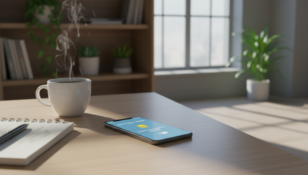 A modern smartphone on a sleek desk, showcasing the "Low Power Mode" interface, the display illuminated with a soft glow. In the foreground, the phone is surrounded by subtle elements like a cup of coffee and a notepad to imply a productive work environment. The middle ground features a blurred bookshelf with green plants, creating a calming atmosphere. In the background, natural light filters through a window, casting gentle shadows that enhance the serene vibe. The overall color palette consists of cool blues and soft greens, emphasizing efficiency and energy savings. Capture the essence of smart battery management strategy with a focus on tranquility and productivity, ensuring the image is professional and visually appealing. A modern smartphone on a sleek desk, showcasing the "Low Power Mode" interface, the display illuminated with a soft glow. In the foreground, the phone is surrounded by subtle elements like a cup of coffee and a notepad to imply a productive work environment. The middle ground features a blurred bookshelf with green plants, creating a calming atmosphere. In the background, natural light filters through a window, casting gentle shadows that enhance the serene vibe. The overall color palette consists of cool blues and soft greens, emphasizing efficiency and energy savings. Capture the essence of smart battery management strategy with a focus on tranquility and productivity, ensuring the image is professional and visually appealing.