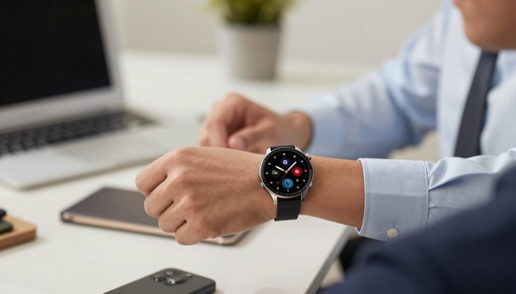 A realistic depiction of the Redmi Watch 4 smartwatch displayed prominently in the foreground. The watch features a sleek and modern design with a vibrant, touch-sensitive AMOLED display showcasing various health and fitness metrics. Emphasize the round face, metallic edges, and customizable watch faces, highlighting its premium look. In the middle ground, include a subtle hand interacting with the watch, wearing a professional business shirt, adding a sense of realism and usability. The background is softly blurred, depicting a serene office environment with neutral tones to maintain focus on the smartwatch. Use soft, natural lighting to create a clean and polished atmosphere, emphasizing the smartwatch's stylish appeal and tech sophistication. A realistic depiction of the Redmi Watch 4 smartwatch displayed prominently in the foreground. The watch features a sleek and modern design with a vibrant, touch-sensitive AMOLED display showcasing various health and fitness metrics. Emphasize the round face, metallic edges, and customizable watch faces, highlighting its premium look. In the middle ground, include a subtle hand interacting with the watch, wearing a professional business shirt, adding a sense of realism and usability. The background is softly blurred, depicting a serene office environment with neutral tones to maintain focus on the smartwatch. Use soft, natural lighting to create a clean and polished atmosphere, emphasizing the smartwatch's stylish appeal and tech sophistication.