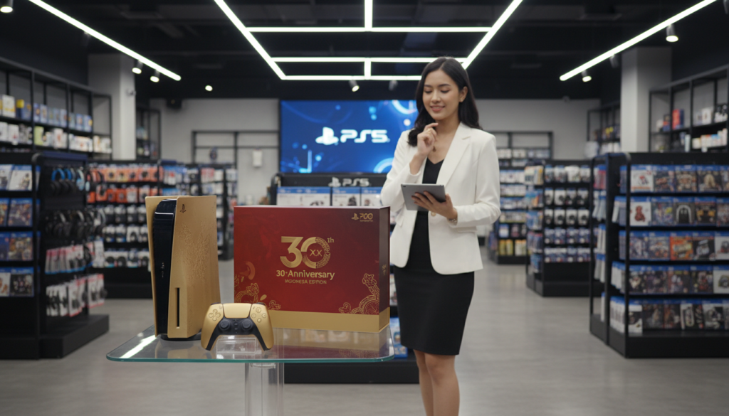 A stylish and well-organized guide for purchasing the PS5 30th Anniversary Edition in Indonesia. The foreground features an elegant display of the limited edition PS5 console, highlighting its unique design and special packaging with vibrant colors. In the middle ground, a thoughtful shopper, dressed in professional attire, examines the console while standing in a modern electronics store, illuminated by soft, warm lighting. The background showcases shelves filled with various gaming accessories and merchandise, creating an engaging shopping atmosphere. The overall mood is enthusiastic and inviting, capturing the excitement of the anniversary celebration, with a slight focus on the modern Indonesian shopping environment. The image should be captured at eye level, with a shallow depth of field to emphasize the PS5 console in the foreground.