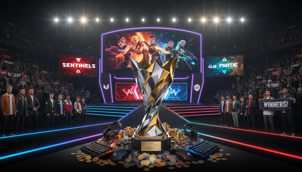 A vibrant and dynamic scene showcasing a VALORANT tournament prize setting. In the foreground, a dazzling trophy crafted with sharp, angular designs reflects light, surrounded by stacks of gold and silver coins and gleaming merchandise like gaming peripherals. The middle ground features a lively stage adorned with colorful LED lights, showcasing avatars or characters from VALORANT in action poses, suggesting a competitive atmosphere. In the background, a cheering audience of diverse professional gamers in smart casual clothing, holding up banners supporting their favorite teams. The scene is illuminated with dramatic spotlighting, creating an engaging and energetic mood, emphasizing the excitement of esports. A wide-angle perspective captures the scale and grandeur of the tournament setting, inviting viewers into the thrilling world of VALORANT competitions.