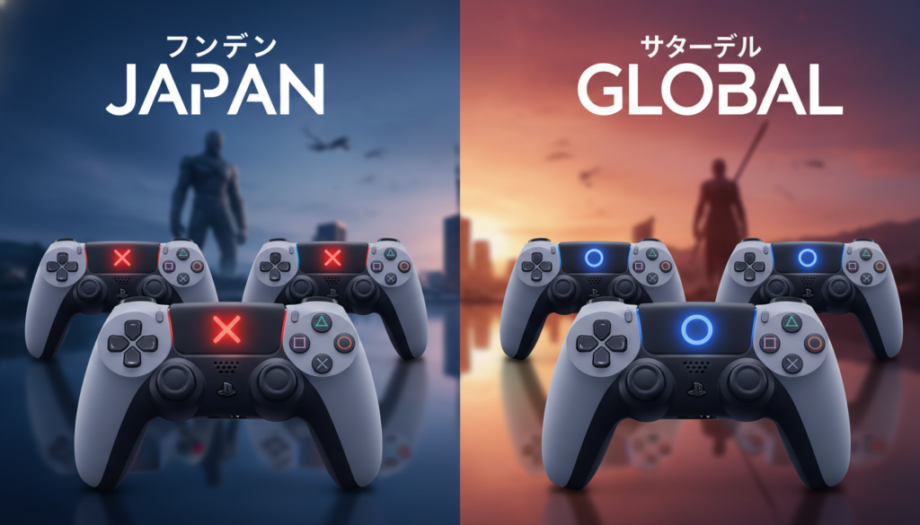A vibrant and visually engaging split-image featuring the PlayStation controllers from various console generations (PS1 to PS5), highlighting the contrasting "X" and "O" button conventions used in Japan versus the global perspective. In the foreground, display both the Japanese and global versions of the controllers side by side, with the "X" button more prominent on the left and the "O" button on the right, brightly lit to draw focus. The middle layer shows a blurred gaming environment with subtle hints of iconic PlayStation games, enhancing the nostalgic feel. In the background, use a soft gradient of colors to create a warm, inviting atmosphere reminiscent of a game display section in an electronic store. Ensure the lighting casts gentle reflections on the controllers, giving them a polished, professional look while maintaining a friendly vibe throughout.