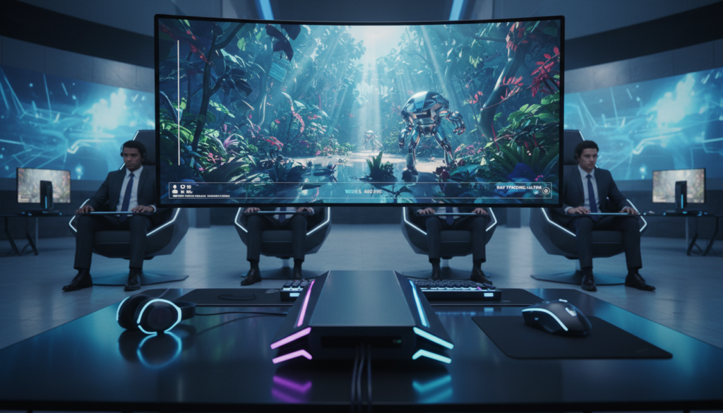 A vibrant, futuristic gaming environment showcasing pioneering games that successfully implement Variable Rate Shading (VRS) for ray tracing. In the foreground, feature a detailed video game console with glowing LED lights, surrounded by high-end gaming peripherals. The midground includes a diverse group of gamers (dressed in professional business attire) intensely focused on a large, ultra-high-definition screen displaying a stunning ray-traced game scene filled with intricate lighting and shadows. The background features a modern gaming setup, complete with abstract digital art and ambient blue lighting, creating an immersive atmosphere. Use a low-angle perspective to emphasize the technological prowess of the setup, with a soft focus on the background to highlight the main subjects, ensuring a professional and engaging depiction of VRS in gaming.