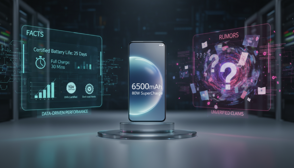 A visually engaging comparison image depicting "Facts vs Rumors" regarding smartphone specifications, specifically focusing on a sleek, modern smartphone design in the foreground, showcasing its 6500mAh battery and 80W charging capabilities. On one side, display vivid graphics representing official facts—such as certified battery performance stats and charging speed—while on the opposite side, use creative visual metaphors for rumors, like question marks and blurred images, indicating uncertainty. The background should feature a high-tech setting, with a soft glow to enhance the smartphone's features, using dramatic side lighting to cast gentle shadows, and create a professional atmosphere. Capture a wide-angle perspective to emphasize the contrast between the concrete facts and swirling rumors, inviting viewers into the smartphone's story.